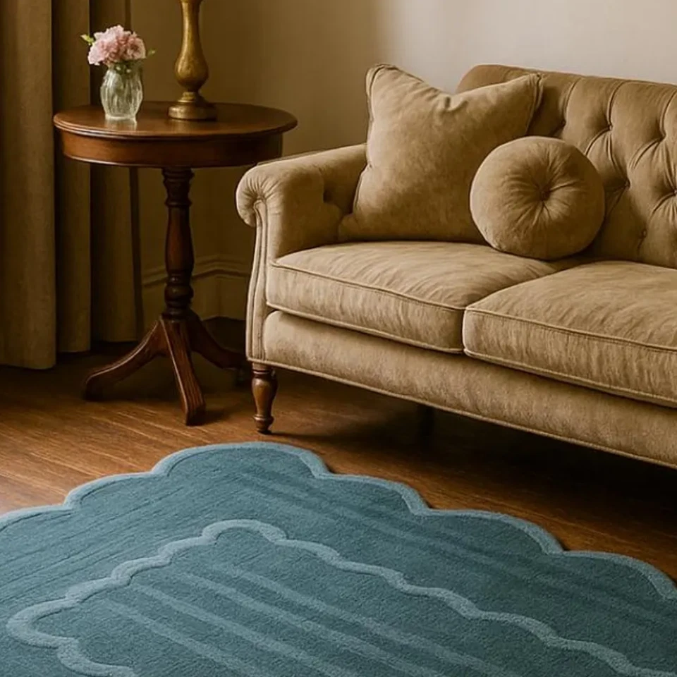 Hand Tufted Wool Rug: Scalloped Edge Vintage Style - Custom Size - Image 4 of 4