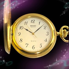 SEIKO 7431-0010 Pocket Watch Quartz Gold Case White Dial clean Rare