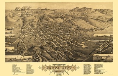 Historic Panoramic View - Butte Montana - Stoner 1884 - Vintage Wall Art
