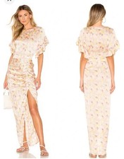 Women's ACACIA Luau Beige Floral Cherry Blossom Silk Ruched Maxi Dress L Large