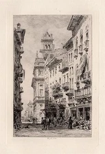 Detailed 1800s WILLIAM WYLD Etching "Verona Italy Busy Street" Framed SIGNED COA