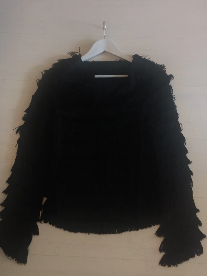 KATE MOSS TOPSHOP BLACK FRINGE JACKET 70s BOHO UK 14 EUR 42 GIACCA NERA FRANGE - Imagen 2 de 4