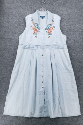 April Cornell Dress Womens 2XL Blue Midi Button Up Shirt Embroidered Cottagecore