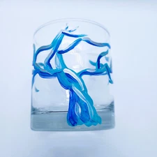 Blue and Silver Tree Short High Ball Glass Hand-painted Artisan Dishwasher Safe