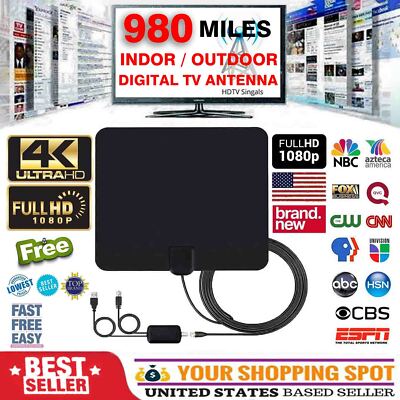 Flat Indoor Digital TV Antenna 980 Miles Range 1080P Signal