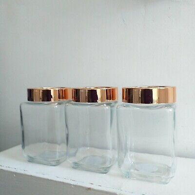 3 x Glass Storage Jars Copper Lids Tea Coffee Sugar Canisters Kitchen Containers