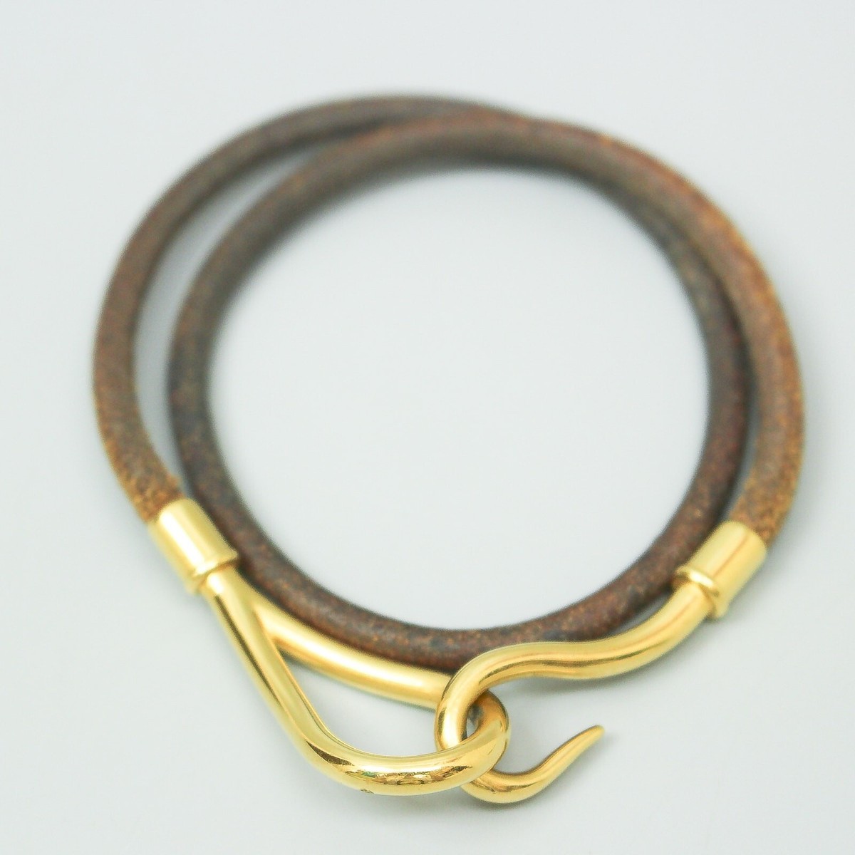 HERMES JUMBO Double Bracelet Bangle Brown Leather Gold color 