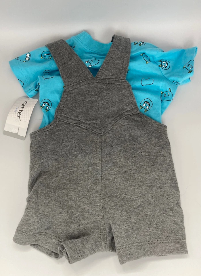 Carter's size 3M Blue & Gray 2-Piece Overall Monster Shorts Outfit NWT - Image 2 of 4