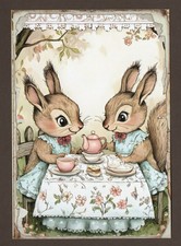 Squirrels/Brown Bunny Rabbits Mini Art Print or Postcard, 5.5" Easter Having Tea