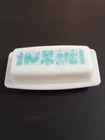 Vintage Pyrex Butterprint White Turquoise Amish Butter Dish w/Lid No Chips