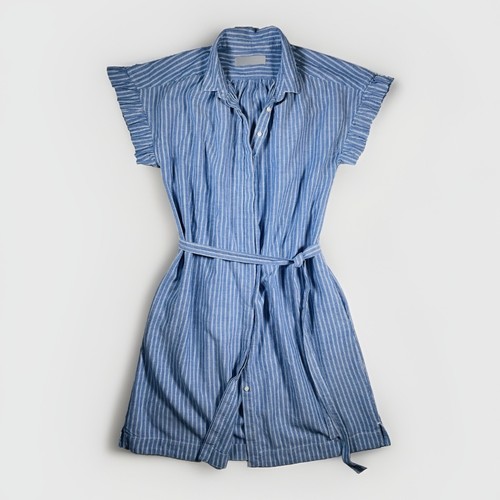 Isabella Sinclair Anthropologie Blue White Stripe Shirt Dress Ruffle Sleeve L - Picture 3 of 12