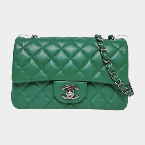 CHANEL Green Quilted Flap Shoulder Bag Chain Strap Turn Lock Silver Hardware