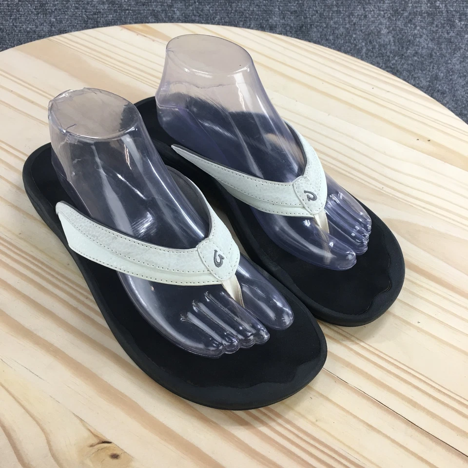 Sandálias femininas OluKai 11Ohana Koa chinelo preto branco 20110-4R40 - Imagem 3 de 4