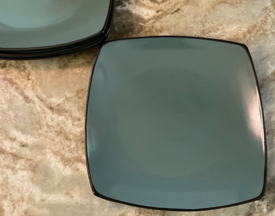 Square Dinner Plates Soho Lounge Teal And Black Glaze. 10.5 inch. Set Of 4. New.