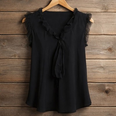 ALEXIS 100% SILK Black Sheer Overlay Ruffle Sleeveless Top Size S