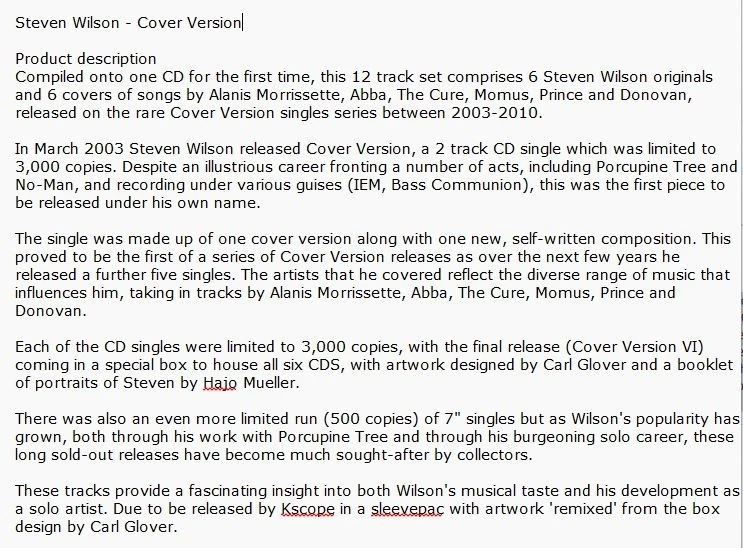 Steven Wilson : Cover Version CD (2014) MINT/NM Free P&P - Image 4 of 4