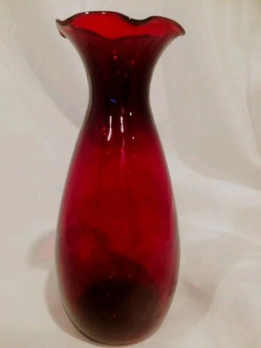 VINTAGE ANCHOR HOCKING RUFFLED EDGE RUBY RED GLASS BUD VASE 6.5" TALL