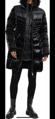 PAJAR Womens Shaye Mixed Media Down Chevron Quilted Bib Hooded Puffer Coat Black