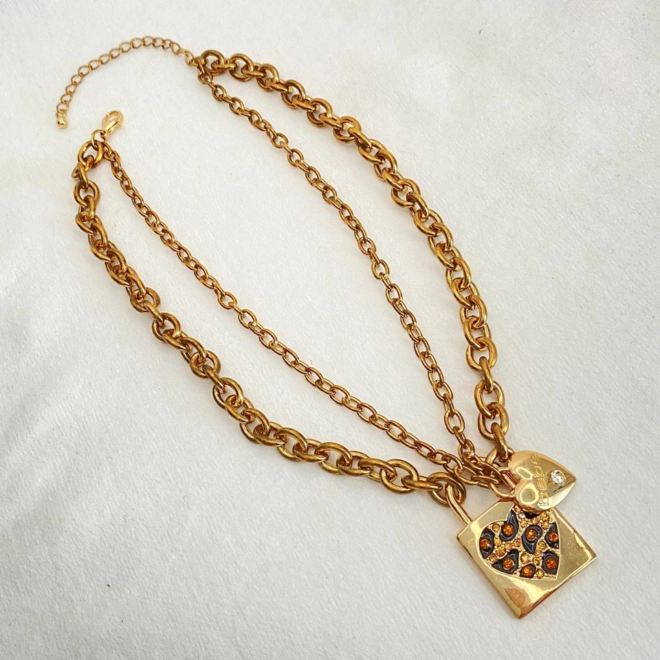 Collar Gargantilla Bebe Grueso Doble Hilo Cadenas Con Corazón y Bloqueo Colgantes Foto 2 de 4