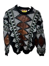 Vintage 80 s Coogi- Style Bold Aztec Sweater Textured Knit W Leather Panels