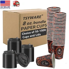8oz Disposable Paper Cups w/ Lid Coffee Bean Design Cold/Hot Drinks 50-1000 Pack