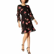 Nine West Tie Bell Sleeve Tie Back Waist Scoop Neck Floral Dress Black Pink 6