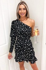 AX Paris Black Spotty One Shoulder Frill Dress Size 10 UK