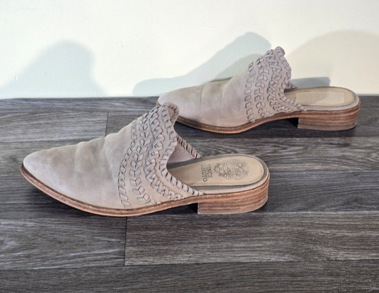 Vince Camuto Sona Mules Womens 5.5 Beige Woven Braided Leather Slip On Shoes