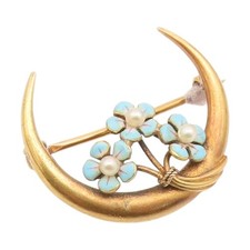 14K GOLD Vintage Antique Enamel Flowers & Fresh Water Pearls Brooch Pin GB170
