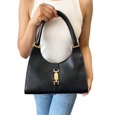 GUCCI Vintage Jackie Logo Shoulder Hobo Bag Handbag Black Gold Leather 902098