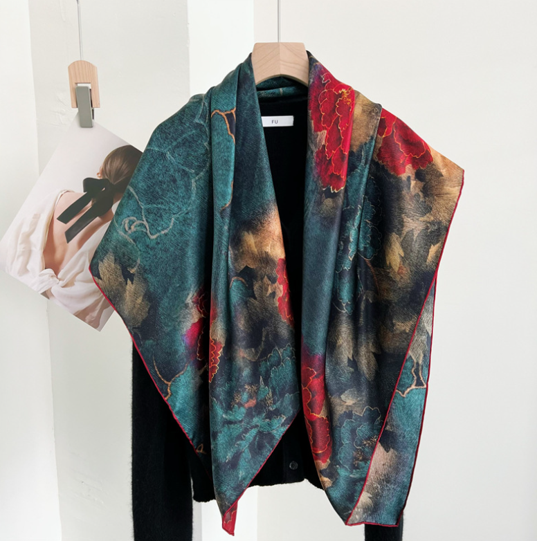 100%Silk Mulberry Wrap Shawl Square Red flower Print Bandanna Scarf 110X110cm