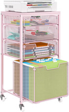 Pink 4-Drawer Rolling File Cart - Mobile Under Desk Storage for Home Office