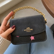Coach Card Case Black Crossgrain Leather Gold Chain