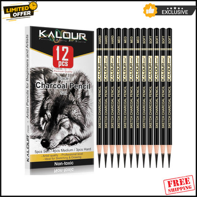KALOUR 12PCS Professional Charcoal Pencils Set for Drawing & Sketching