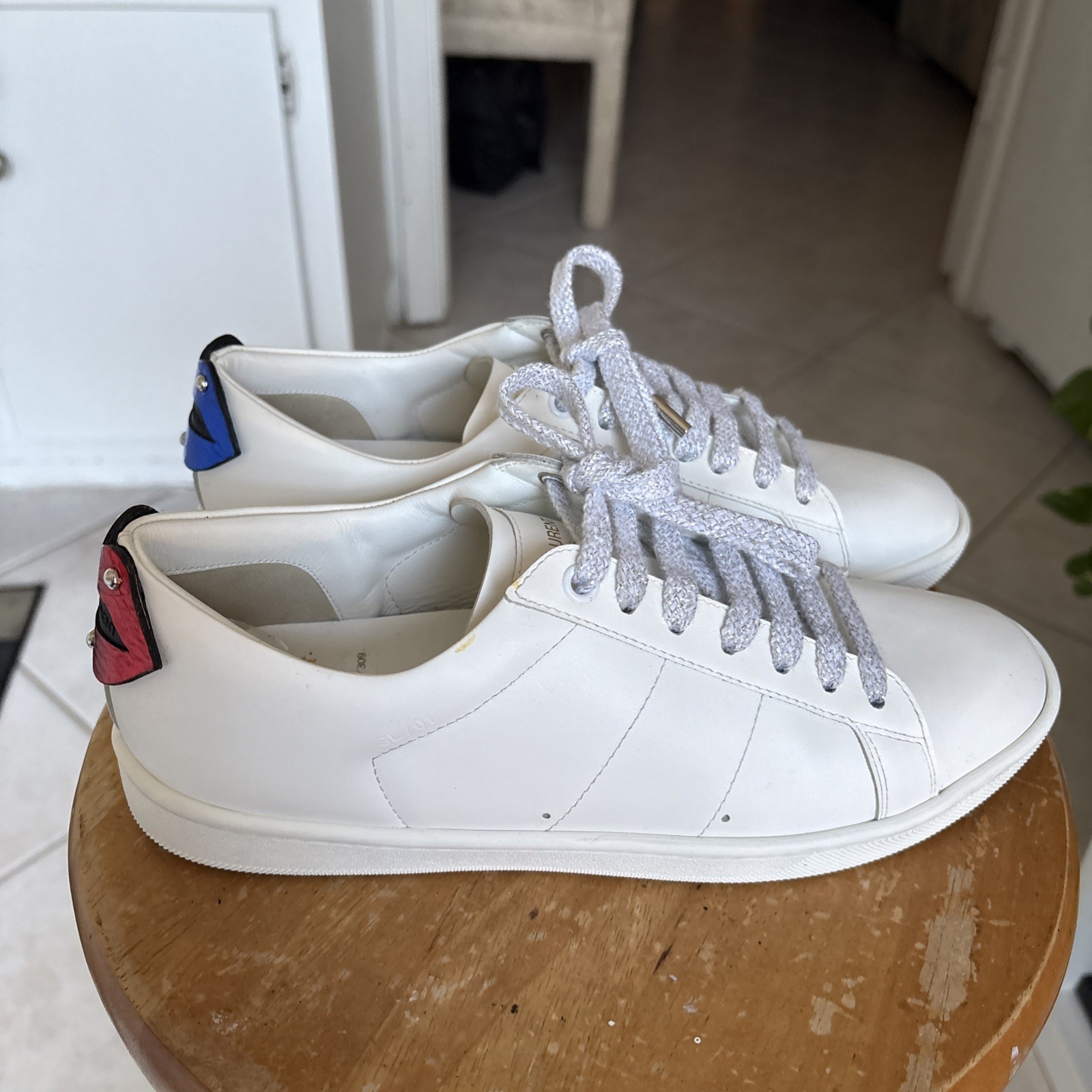 Saint Laurent DE 484928 Sneakers Bianco Pelle Blu Rosso Labbra Schienale Donna Tg 36