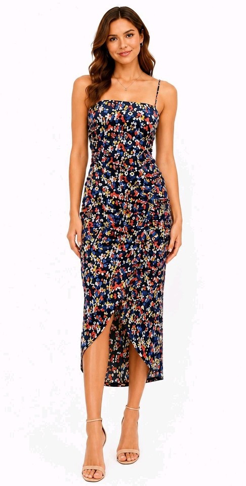  WHYTE VALENTINE sz S 10 Navy Floral Bodycon Midi Dress Ruched Wrap Cocktail #D5