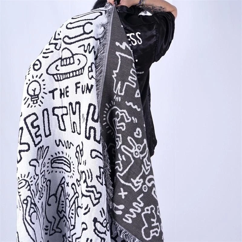 Keith Harring Graffiti Black and White Woven Tapestry Blanket Throws LGBTQ Decor - Image 2 of 4