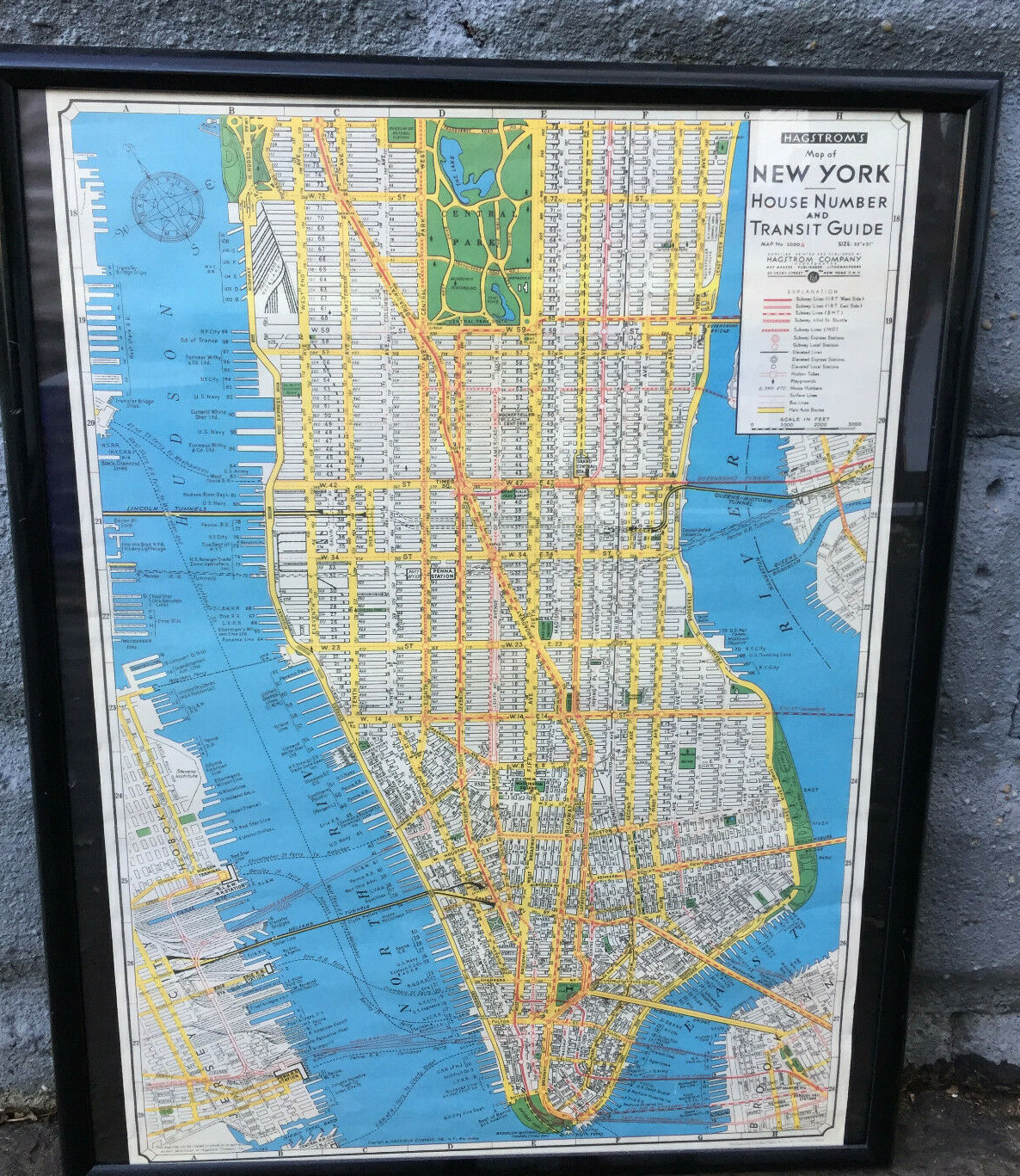 Framed Vintage Hagstrom's Map of New York House Number & Transit Guide