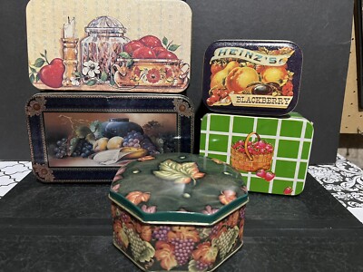 Lot Of 5 Fruit tin metal containers Apple Blackberry Grapes Pear Heinz