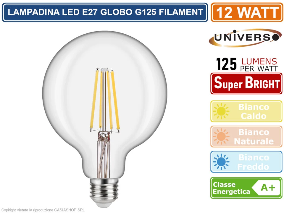 UNIVERSO LAMPADINA LED FILAMENTO E27 12W GLOBO G125 1500 LUMEN