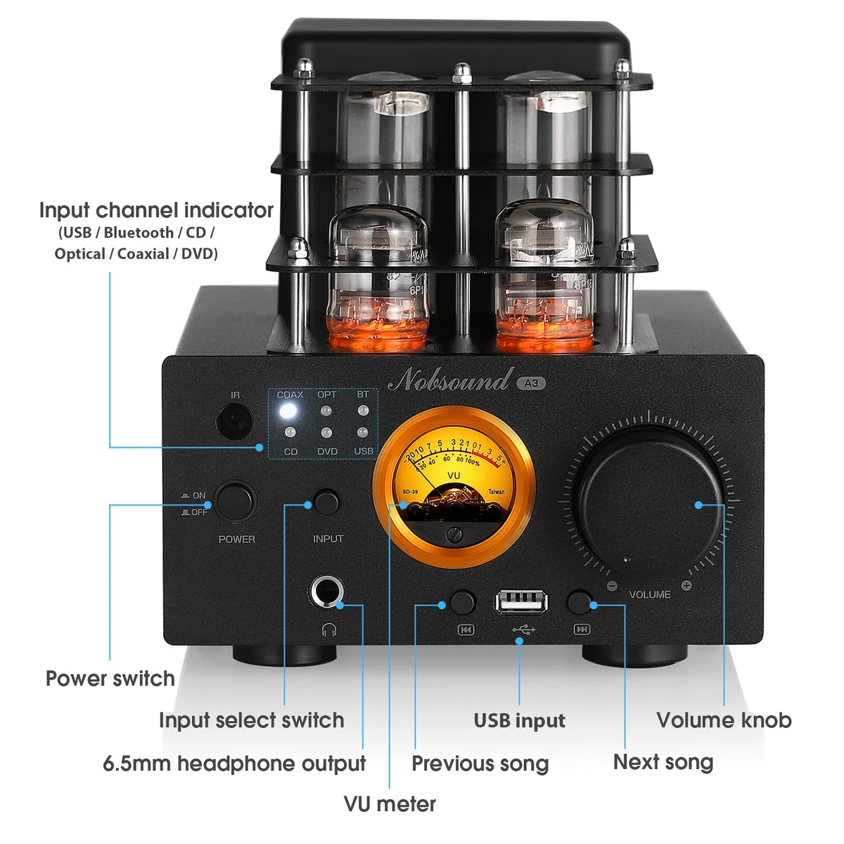 HiFi Bluetooth Valve Tube Amplifier Integrated Power Amp VU Meter Headphone Amp