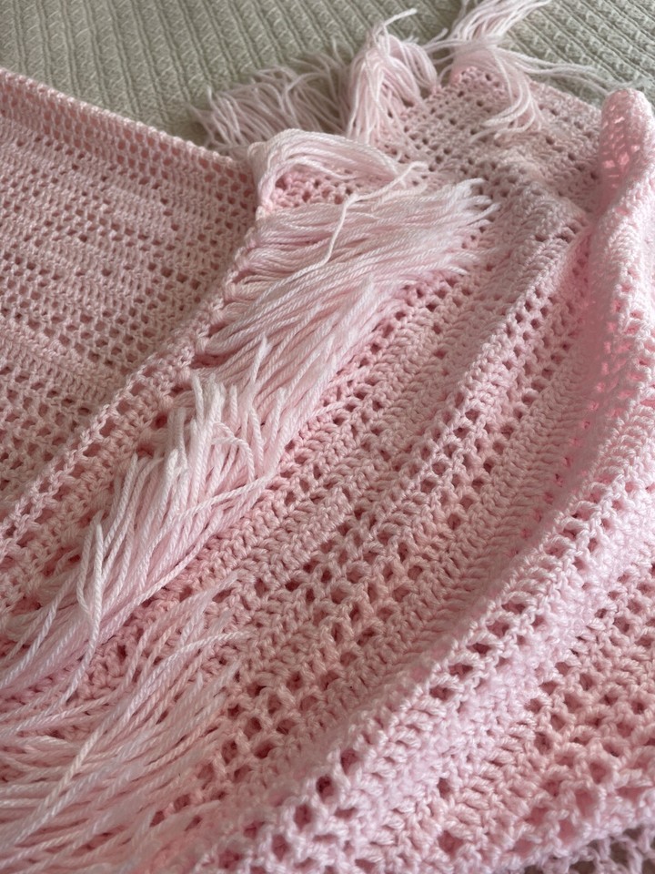 Hand Crochet Pink Throw Blanket 48” x 60” Fringed Bohemian fully