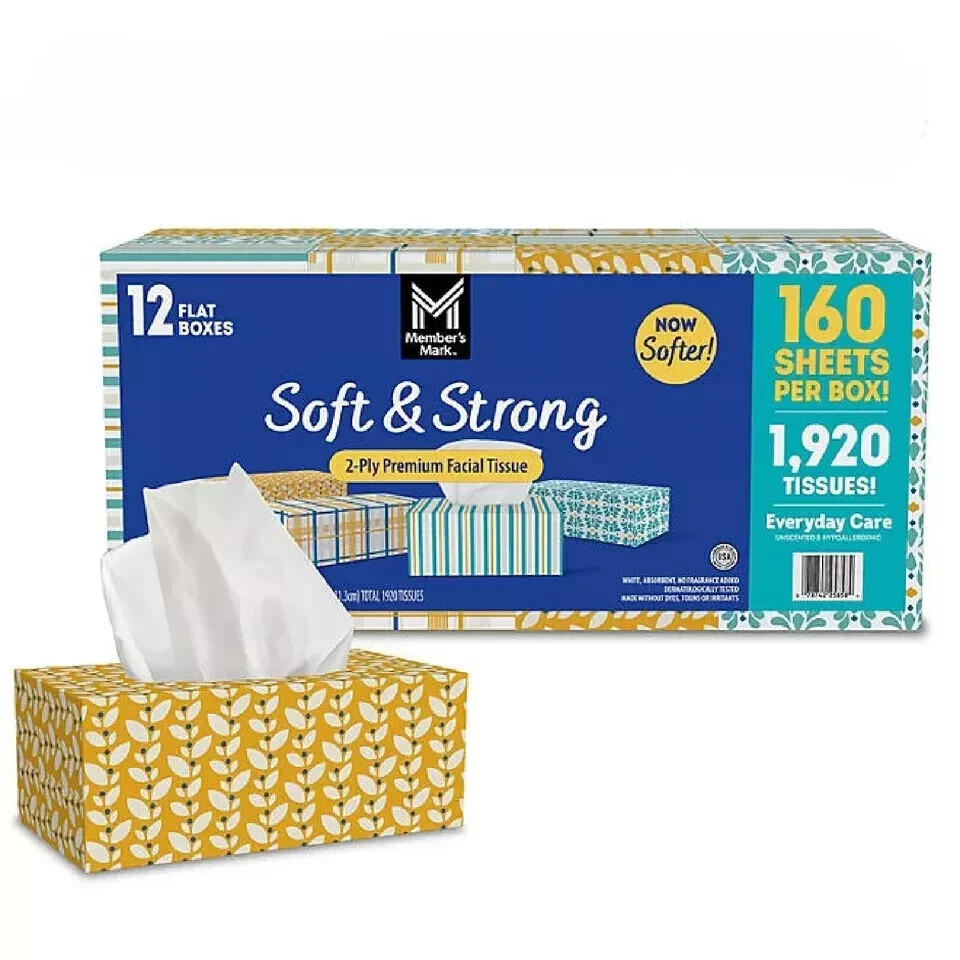 Member’s Mark 2Ply Facial Tissues, Flat Boxes (160 tissues/box, 12