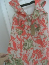 MI AMI NWT M Coral Tropical Floral RUFFLE NECK Sun DRESS Chiffon Loose SHIFT
