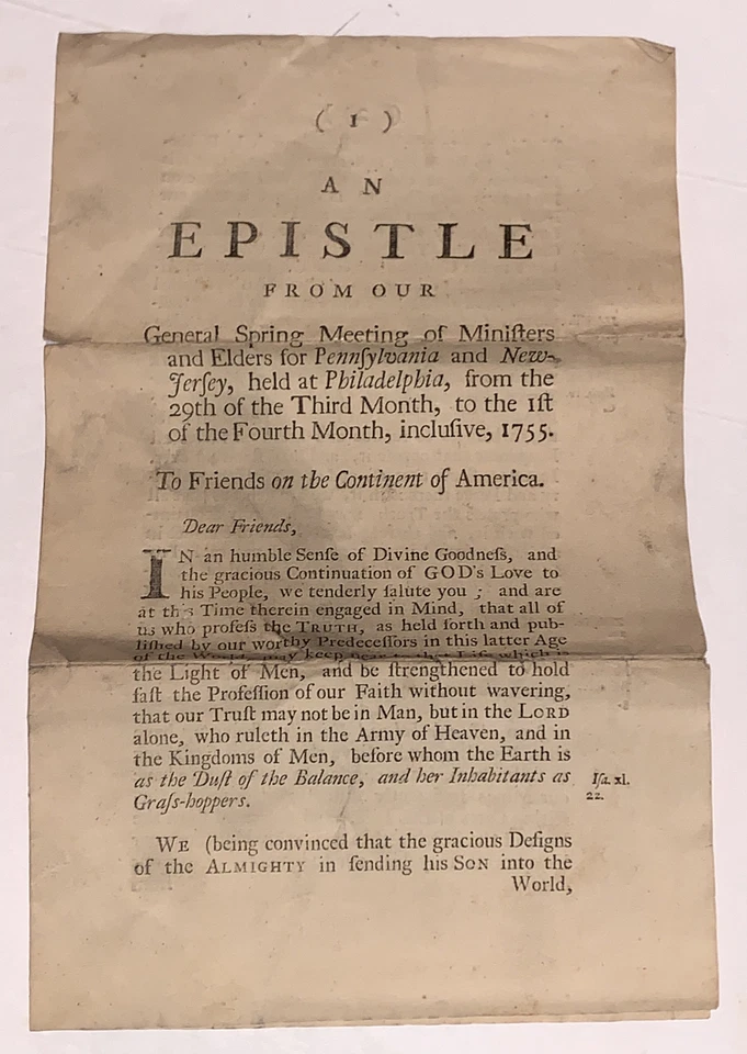 1755, PHILADELPHIA, QUAKER EPISTLE, MEETING OF MINISTERS & ELDERS, PENNSYLVANIA - Image 2 of 4