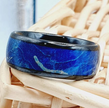 Unique Engagement Ring Woman Ring Men Wedding Band Blue Wood Inlay Wedding Ring