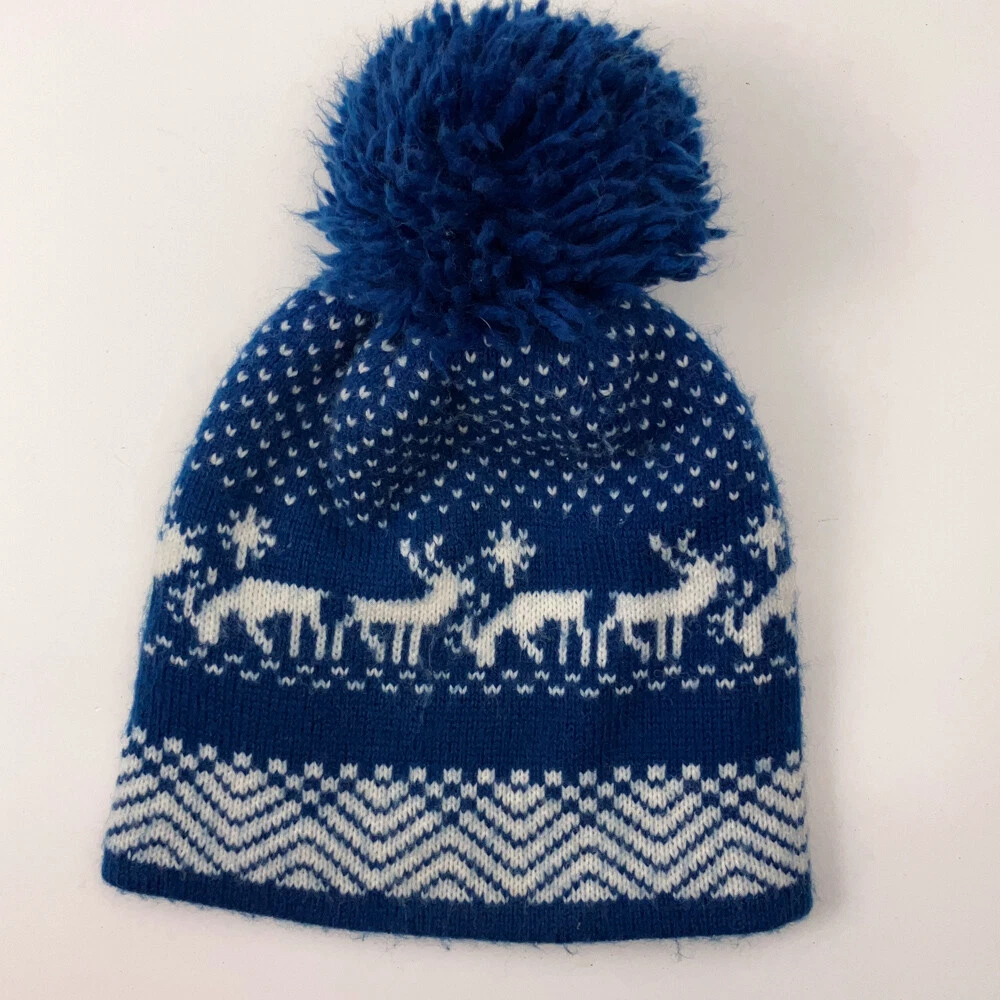 Retro pattern winter pom pom hat white blue deer