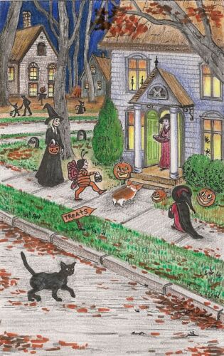 PRINT OF PAINTING PEMBROKE WELSH CORGI HALLOWEEN RYTA BLACK CAT folk art witch - Afbeelding 1 van 1