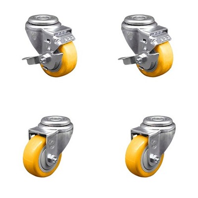 3 Inch Yellow Polyurethane Wheel Swivel Bolt Hole Caster Set with 2 Brake SCC
