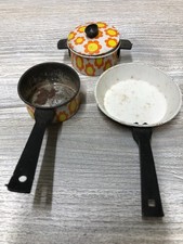Vintage Child's Play Toy Yellow Orange Flowers 4 pc. Metal Cookware Hong Kong